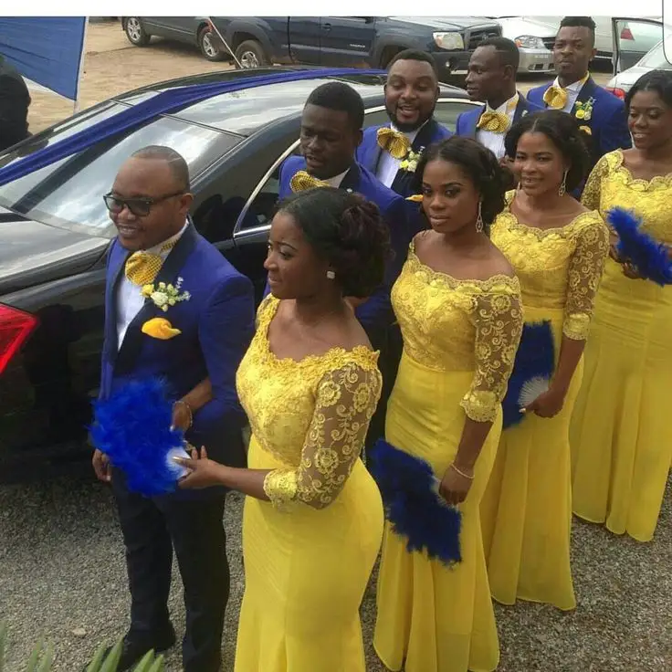 Morili abiti da damigella d'onore a maniche lunghe gialli per damigella d'onore su misura per ospiti di nozze economici africani MBLB997