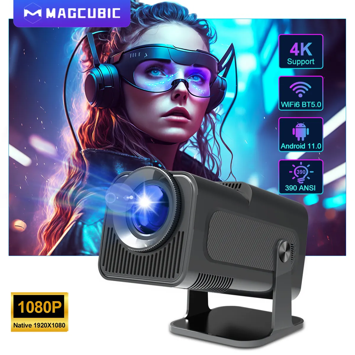 Magcubic 4K Android 11 Projektor native 1080P tragbarer Projektor 390ANSI HY320 Dual WLAN6 BT5.0 1920*1080P Heimkino-Beamer