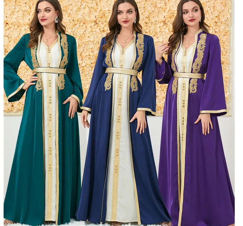 Femme Turquie Abaya Col V Manches Longues 2 Pièces Dentelle Broderie Maxi Robe Avec Ceinture Robe Islam Marocain Caftan Arabe Femme Robe