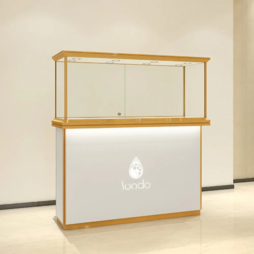 Popular design window exhibition counter jewelry shop interior display furniture gold aluminum glass door showcase with light