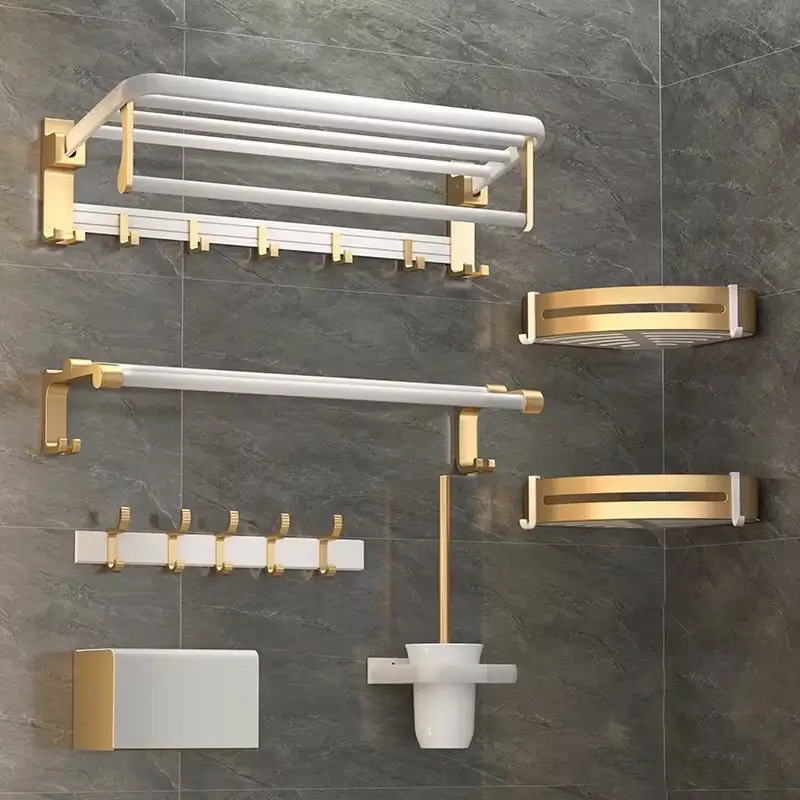 Conjuntos de acessórios de banho de luxo China Fornecedor alumínio hotel branco dourado conjunto de acessórios de banheiro conjuntos de banheiro