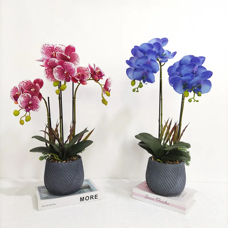 New Artificial Flower Orchids Bonsai Latest Customized Real Touch Potted Orchid Flowers Plant Set Flower Arrangement