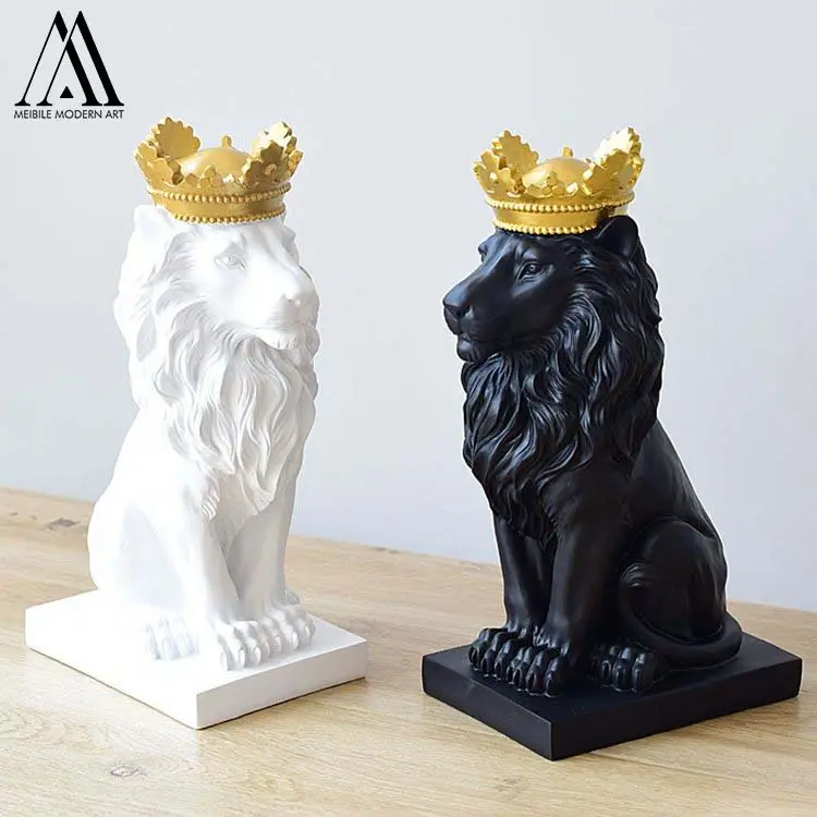 Estátua de leão artístico para decoração de casa, coroa, estatueta do rei leão, lembrancinhas, mini leão em resina branca