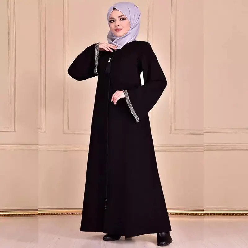 Whosale girl's islamic clothing elegant zipper floor robe length long sleeve round neck silver women's muslims dress abaya