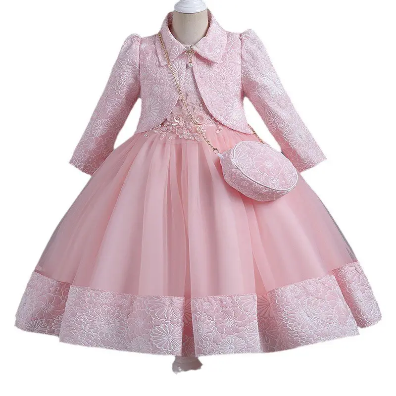 2023 осенние детские платья с длинным рукавом для девочек с цветочным принтом, юбка принцессы для девочек, сетчатая кружевная сумка, детская одежда