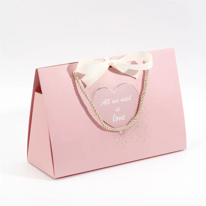 Sacola de papel dobrável com fecho de fita luxuosa para presente de casamento, sacola rosa para lembrancinhas de convidados, novo design, 2024