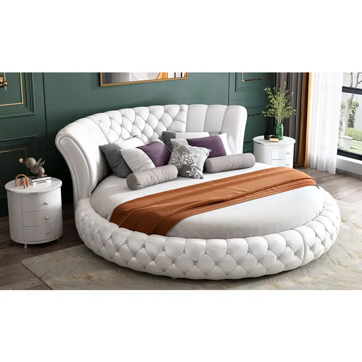 Cama de princesa em couro genuíno estilo europeu, cama de casal elétrica moderna, simples, redonda, luxuosa e romântica para casal de hotel