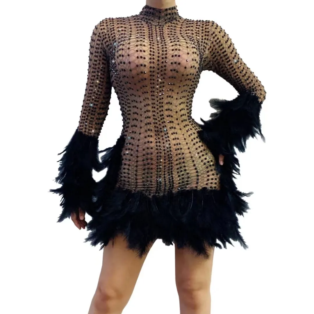 Vestido Designer Black See Through strass Feathers abito da ballo latino abito da donna aderente corto da ballo Sexy Club Dress