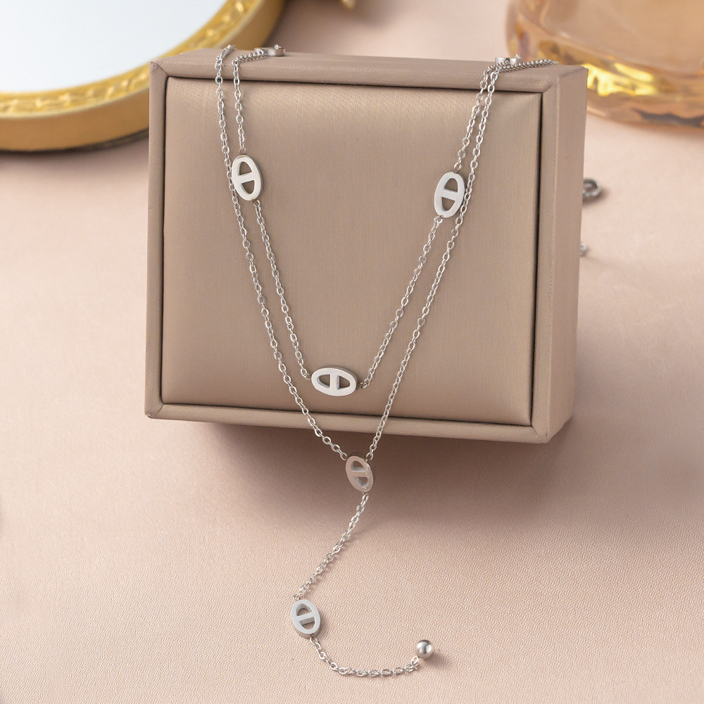 Yxp068 double tassel pig nose necklace-steel color