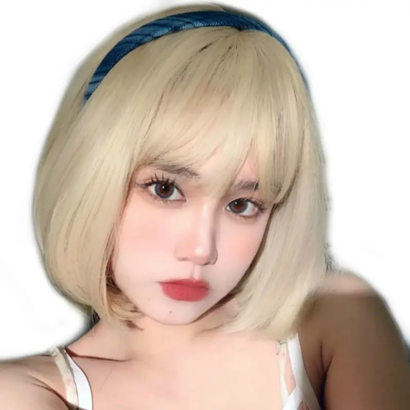 Topi Wig rambut lurus pendek cantik dengan poni udara warna putih susu meningkatkan fitur wajah sempurna untuk gaya kelompok perempuan