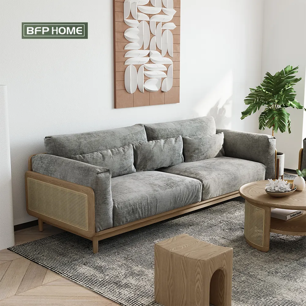 BFP Home Sophisticated Cozy indoor furniture Leisure Sofa Rattan Solid Wood Frame Living Room Sofa