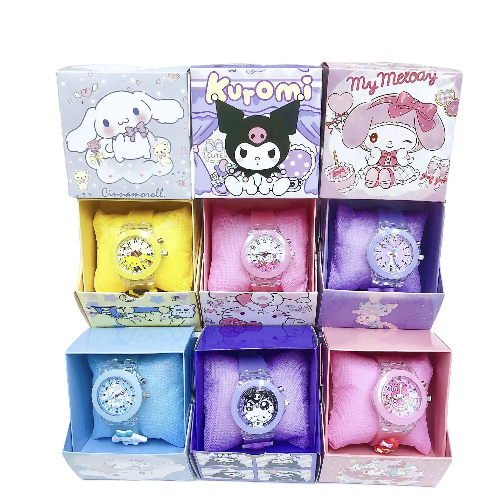 Relógio infantil personalizado para presente, relógio eletrônico de anime MyMelody Kuromi Cinnamoroll, brinquedo luminoso com led para meninas, presente personalizado