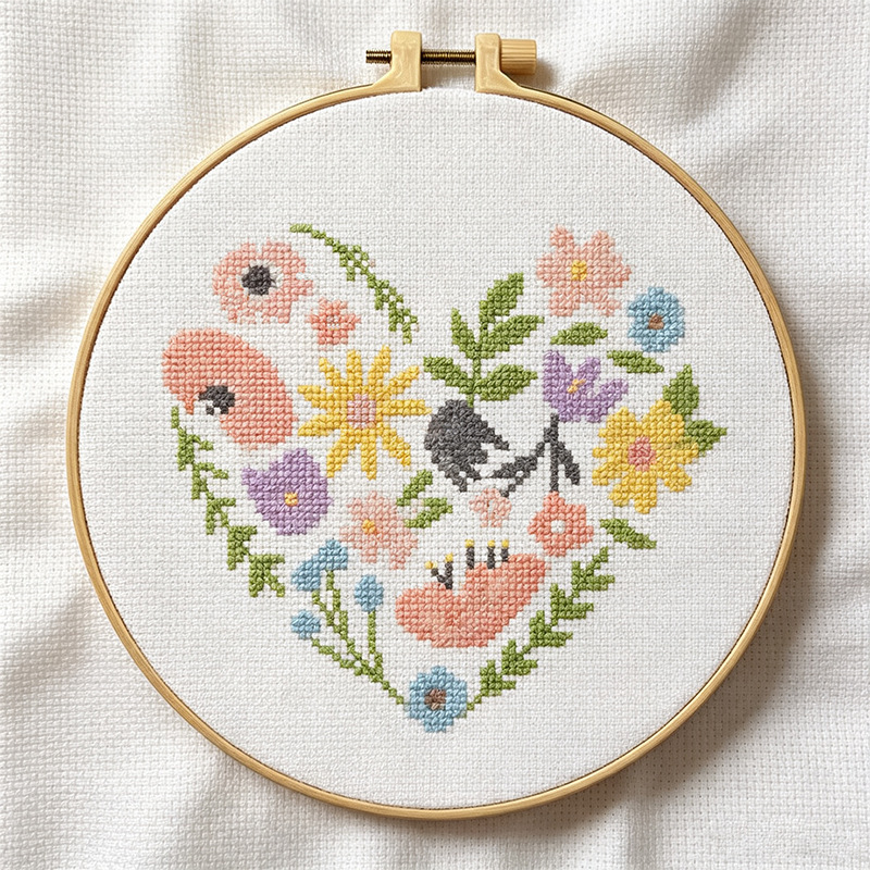 Cross-stitch wall art-heart of flowers unfinished