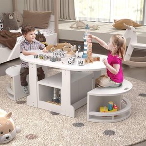 子供のための木製のネスティングテーブルチェアセット遊び活動のための楕円形のデザインの4つの収納スツールRead Craft Kids Teen Storage - Product Image 3