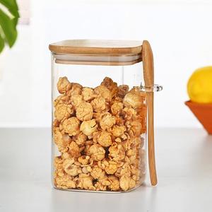 可堆叠的透明食品调味容器方形玻璃罐，带竹盖勺子 - Product Image 5