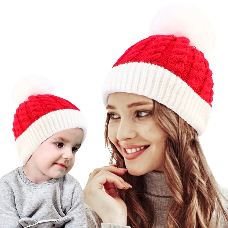 Bonnet tricoté en acrylique avec logo personnalisé pour maman et moi Noël, chaud, hiver, avec pompon, teint uni