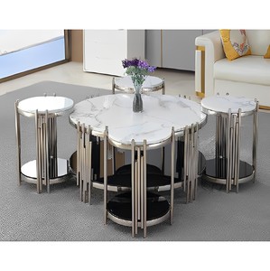 Đồ nội thất nhà sang trọng hiện đại bằng thép không gỉ 1 + 6 Bàn cà phê với đầu bằng đá cẩm thạch trắng và cơ sở hình học - Product Image 2