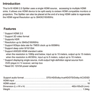 Xput 4K 1 <strong>Input</strong> 16 <strong>Output</strong> <strong>hdmi</strong> <strong>Switch</strong> Splitter 1x16 16-Port <strong>HDMI</strong> 2.0 Splitter 1 in 16 Out Support Edid Management 4K 60Hz