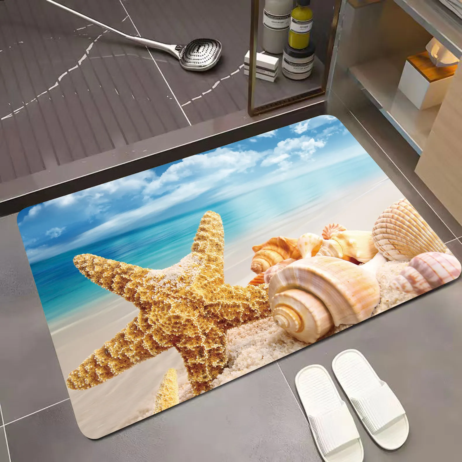Karpet antiselip kamar mandi sublimasi bintang laut Conch ramah lingkungan pola cetak kustom karpet Toilet kamar mandi