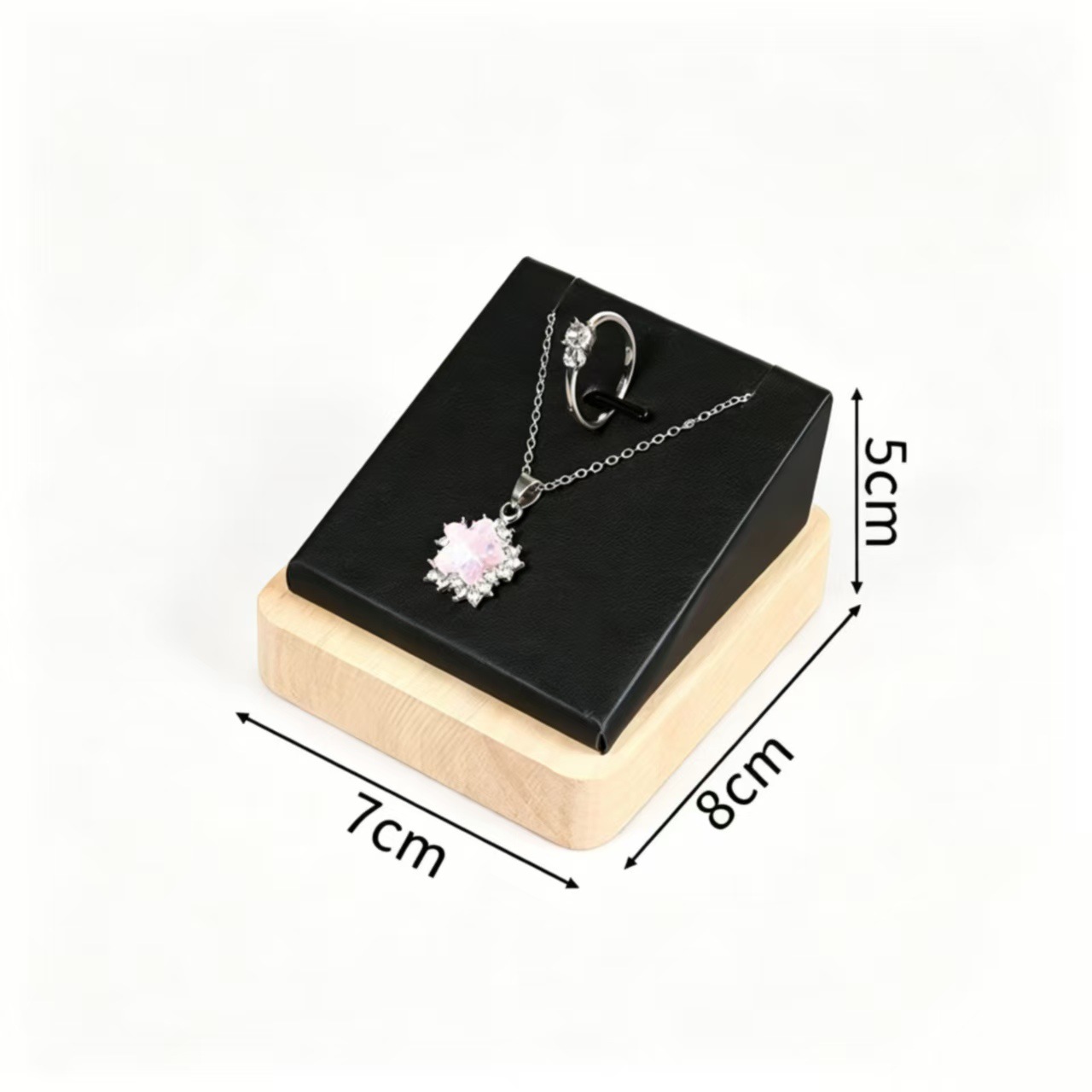 Wooden pendant necklace and ring holder, black leather.