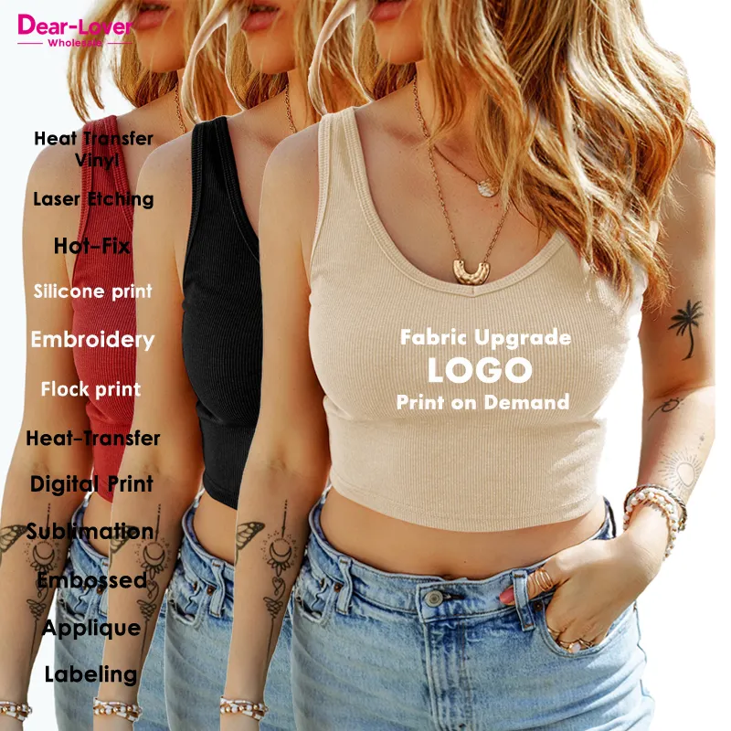 Dear-Lover OEM ODM logotipo personalizado moda feminina por atacado de alta qualidade em branco branco preto tricotado básico costela crop regata feminina