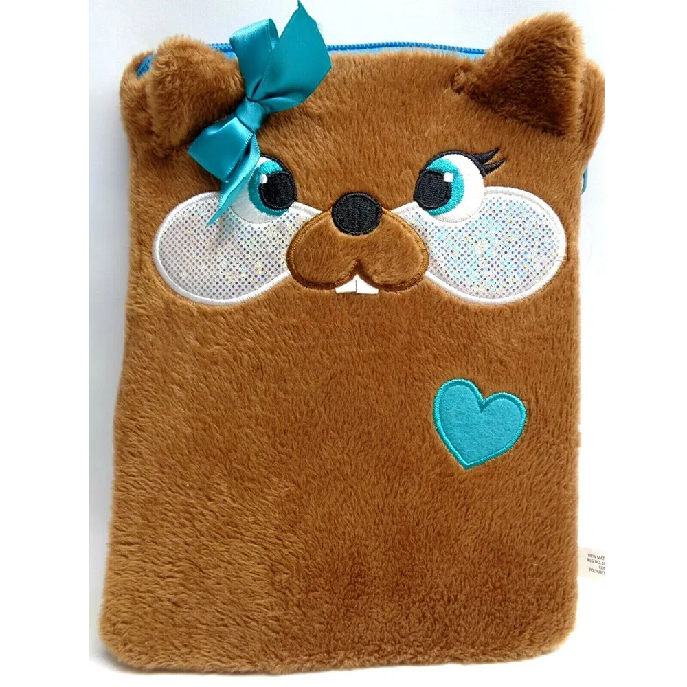 5644 Atacado Fábrica Diretamente Tablet Case Capa Zip Top Brown Castor Bow Coração Plush Animal Caso personalizado para iPad