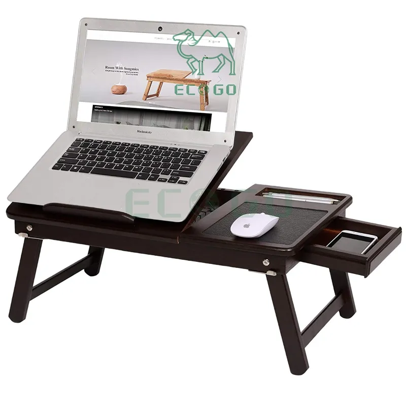 Versátil 100% bambu Laptop Desk Multifuncional Bed Bandeja com ângulo de inclinação ajustável Handcrafted Lap-Desk Table