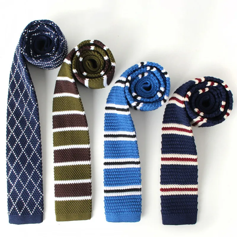 Corbata de punto estrecha de poliéster, corbata de punto lista para enviar, corbatas de punto a rayas de última moda, precio de fábrica, venta al por mayor
