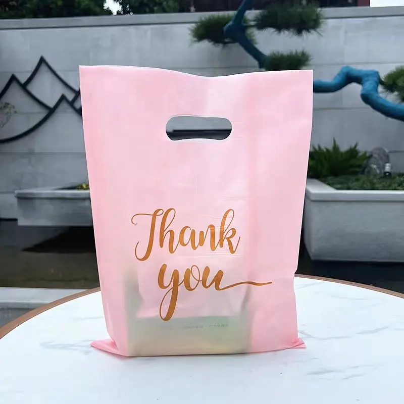 Logo personalizzato stampato Fold Plastic Pink grazie Die Cut HDPE LDPE Handle Carry Shopping Packaging Bags