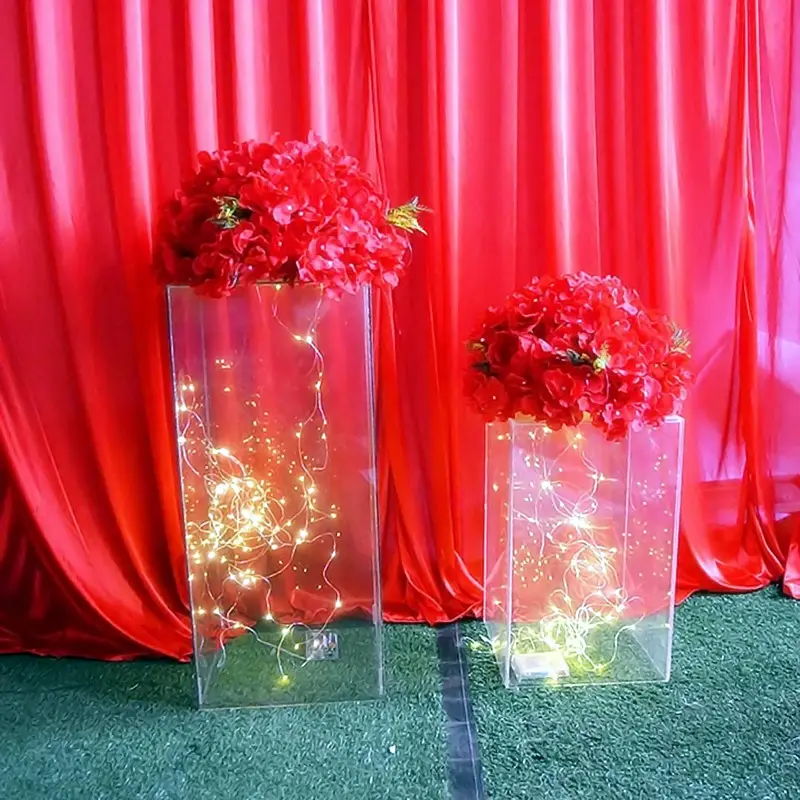 Soporte de exhibición de flores personalizado, transparente, puede ser equipado con luces LED, cilindro acrílico para bodas