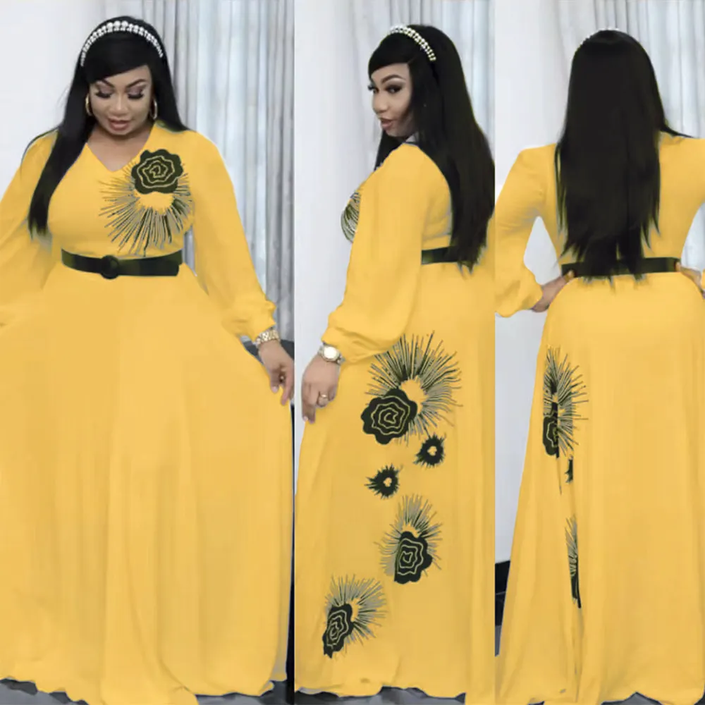 H & D Váy In Thời Trang Mới Cho Nữ Đầm Voan Kết Hợp Thắt Lưng Dài Tay Quần Áo Nữ Thanh Lịch