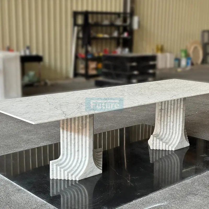 Mesa de comedor de mármol rectangular de piedra de lujo, mesa de comedor de mármol de Carrara de diseño exquisito para el hogar, cocina, fiesta, uso en hoteles