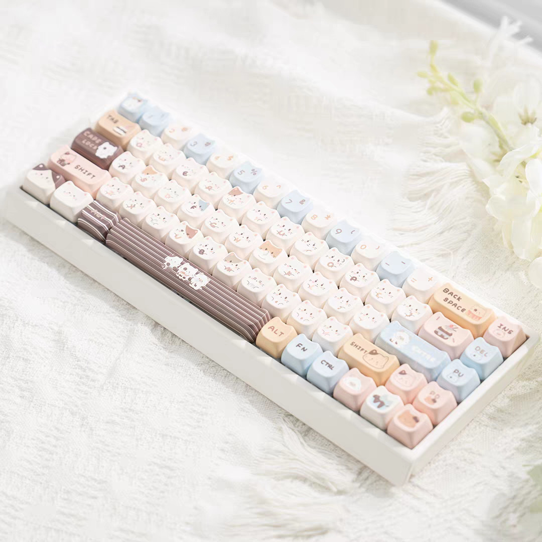 คีย์บอร์ด White-M68 + คีย์แคป Mao Sea Salt Cat