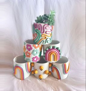 レトロなカラフルなポットプランター植物のためのかわいいレインボーポットセラミックポット - Product Image 5