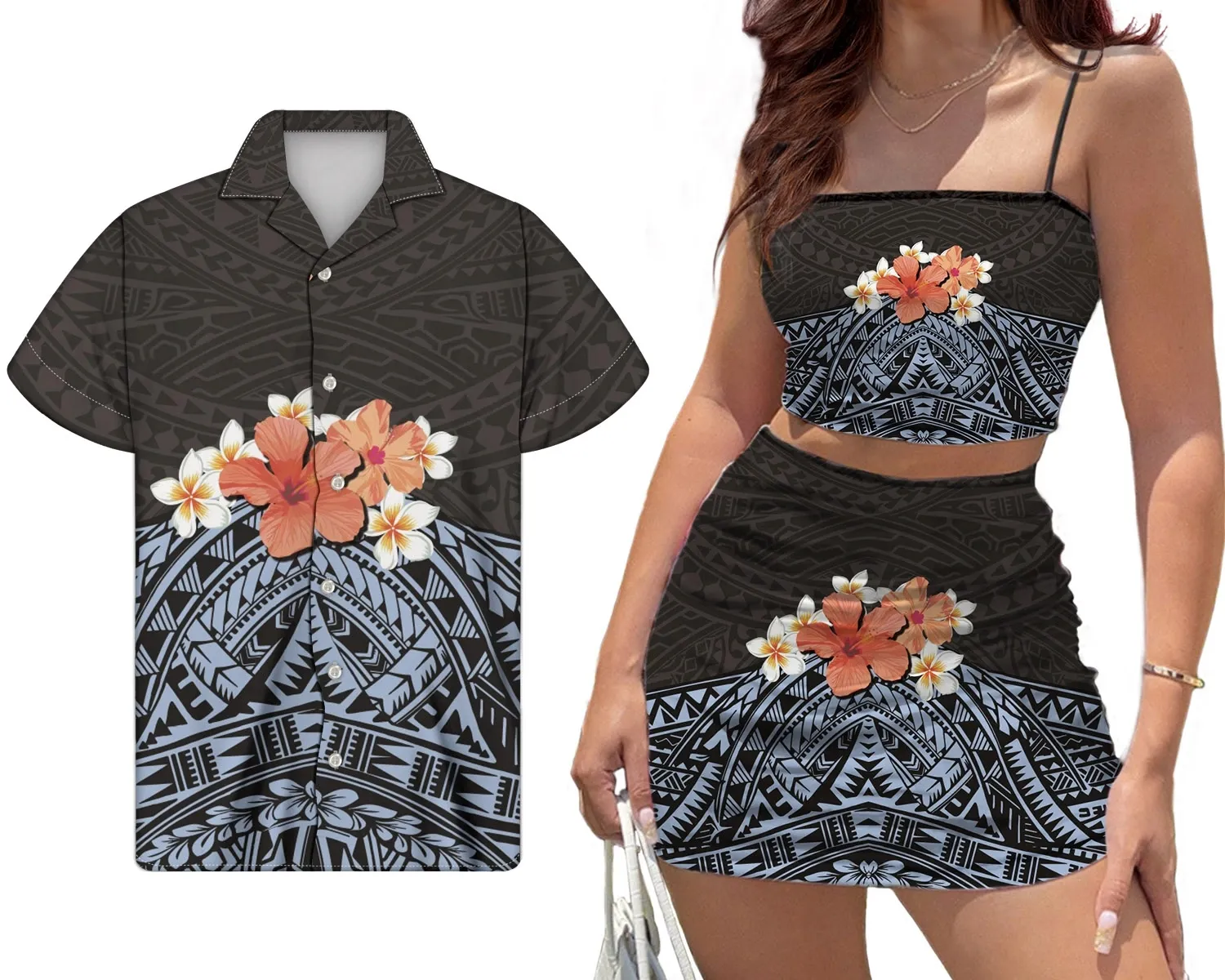 Conjunto de roupas para mulheres e homens, mini saias com estampa floral das Ilhas Marshall, 2 peças, combinação de flores e flores, mini saias para mulheres e homens, ideal para casal