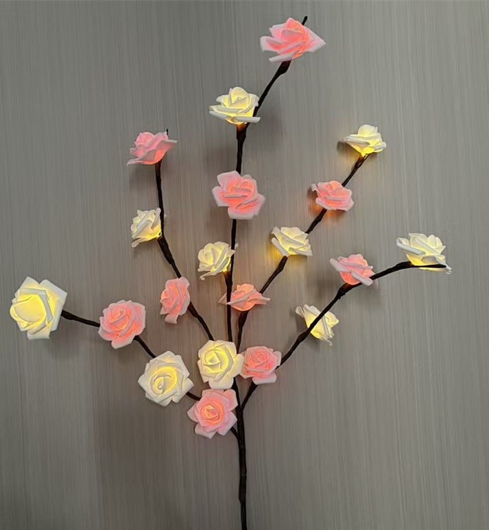 Lampe branche d'arbre rose et blanche, 20 lampes à piles, lumière chaude.