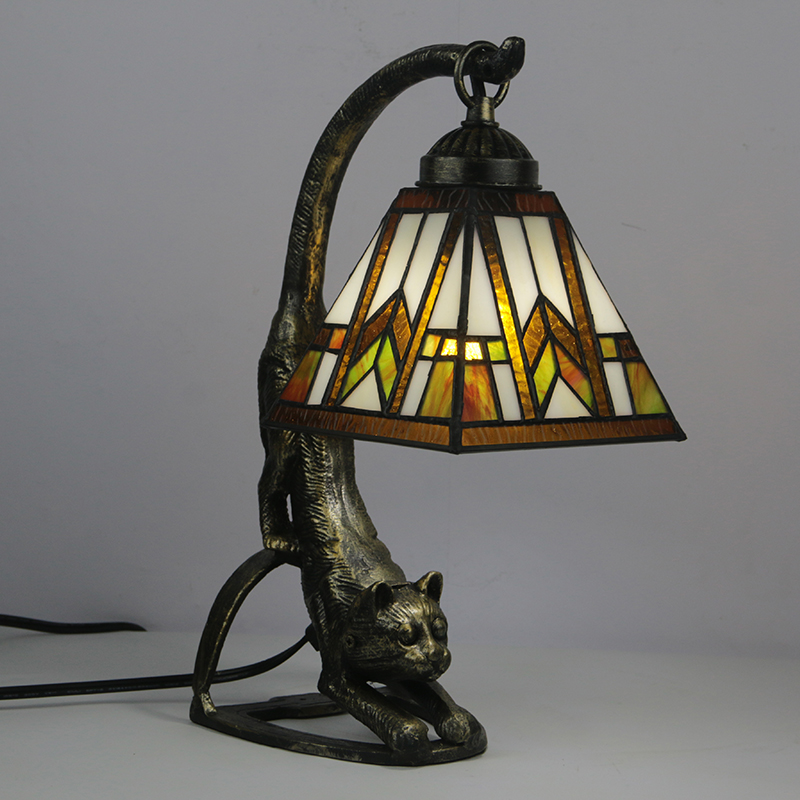 LongHuiJing 18Inch Tall Cat Lamp Stand With Square Stained Glass Handcrafted Table Desk Lamp Night Light