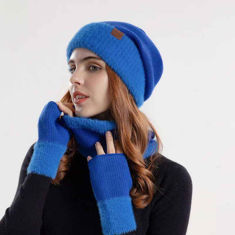 Venta al por mayor de invierno gorro bufanda guantes conjuntos de 3 piezas al aire libre de lujo de las mujeres logotipo personalizado de lana de Cachemira de punto de invierno Beanie Sets