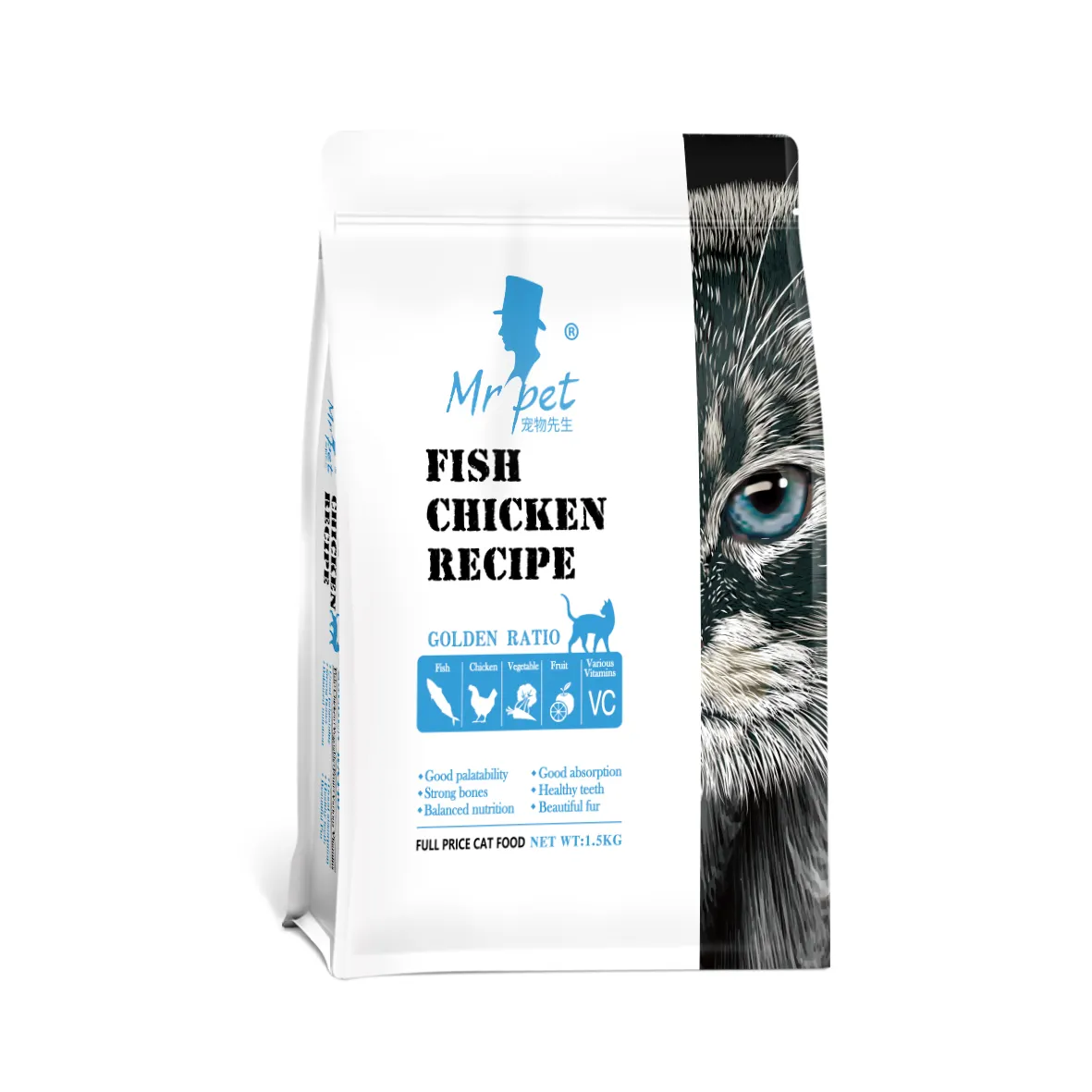 닭고기가 풍부한 성인 고양이 사료 1.5Kg & 10Kg 고양이와 물고기를위한 공동 건강을위한 건조 식품 애완 동물 사료 장르
