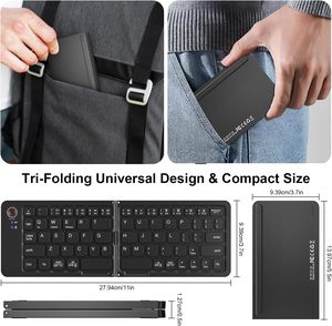 Ultrafino portátil 3 dispositivos de dos pliegues inalámbrico de viaje Qwerty teclado plegable Bluetooth teclado para teléfono Android