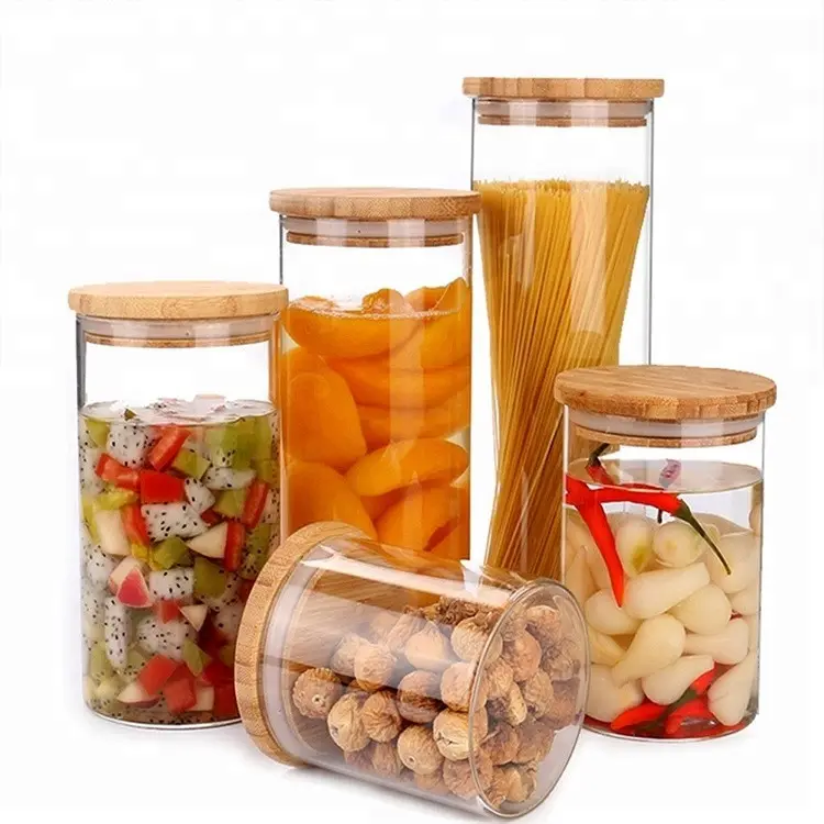 Vendita calda a buon mercato personalizza Set di barattoli di vetro per la conservazione della cucina in borosilicato-bottiglie per contenitori per spezie con coperchio in bambù