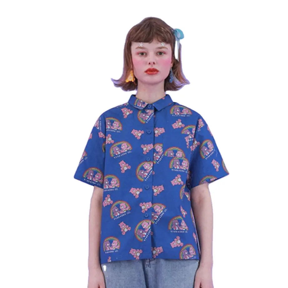 Designer di vendita diretta di fabbrica 2024 estate nuova camicetta di moda da donna carina orso blu in chiffon camicia a maniche corte stampa digitale