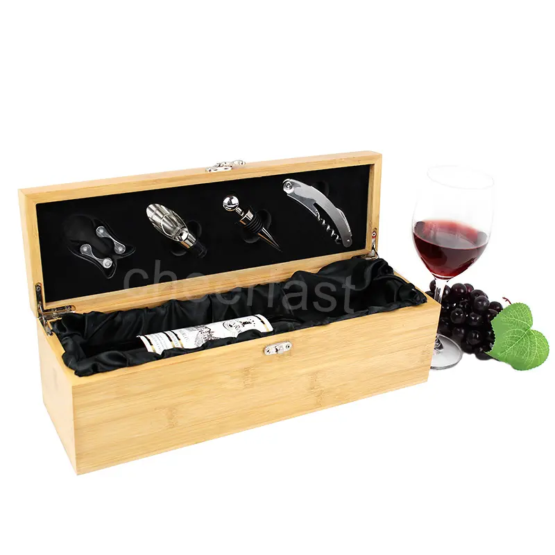 Cheerfast 피아노 래커 나무 와인 단일 병 상자 및 4pcs 와인 액세서리 세트 대나무 나무 와인 선물 상자 도구 세트