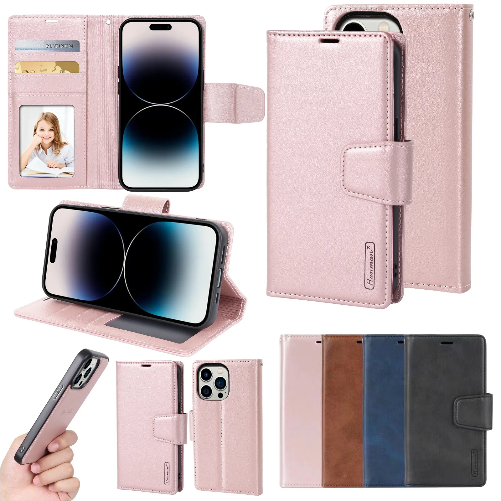Hanman for iPhone magnetic phone case iPhone15 14 13 12 11pro 2-in-1 Split Leather Wallet Phone Case