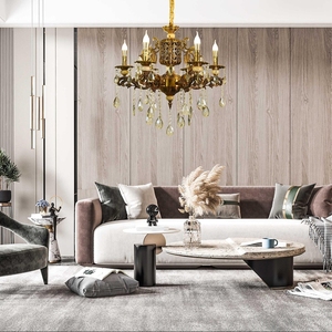 Europeu Luxo Cristal Lustre Vela Estilo Antique Brass Pendent Lâmpada Sala Villa Hotel LED Teto luzes modernas