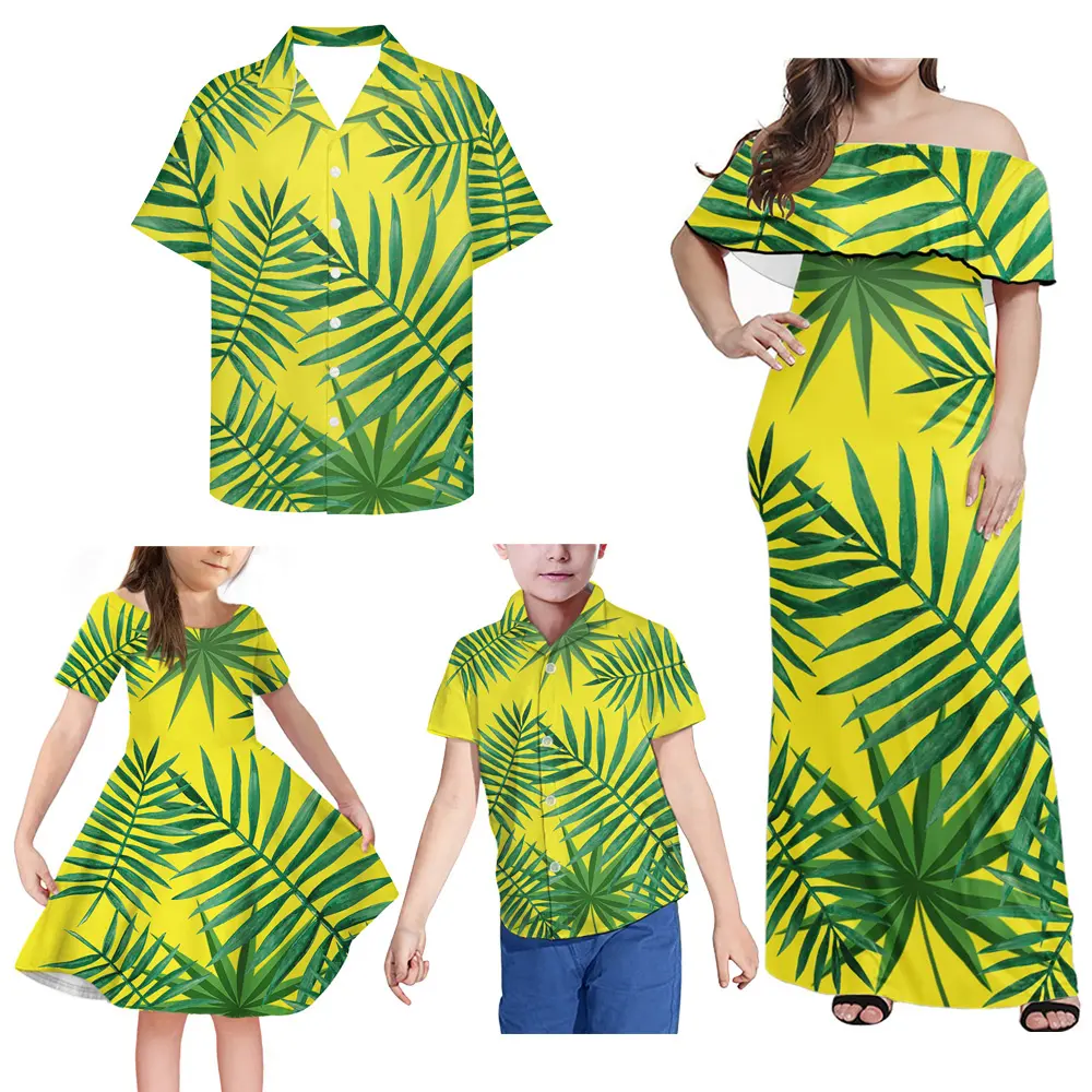 Conjunto familiar único personalizado, conjunto de 4 piezas con patrón de hoja de palma, estampado polinesiano, vestido informal de talla grande, camisetas para niños