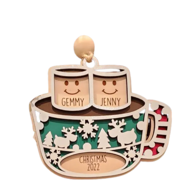 Ornamento de Navidad de Chocolate caliente personalizado, con malvavisco, taza y nombres grabados personalizados de niños y familia
