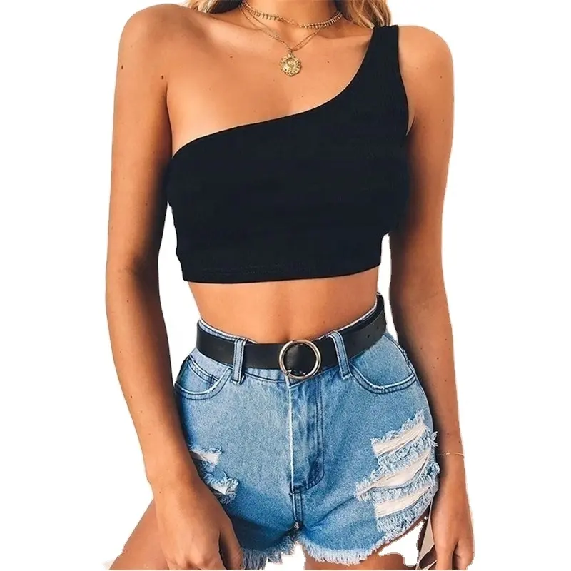 Navel monospalla halter a costine tinta unita aderente spaghetti eleganti spalline nude midriff canotte top corti anche donne