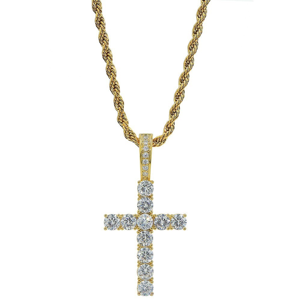 Gold short cross white zirconium-with twist chain
