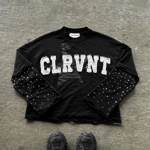 Özel Logo serigrafi grafik Tee Vintage sıkıntılı yıkanmış ham <span class=keywords><strong>Hem</strong></span> erkekler çift katmanlı uzun kollu Rhinestone pamuk T Shirt